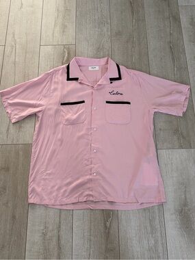 Celine Pink Short Sleeve Bowling Shirt with Black Trim New Men size 40